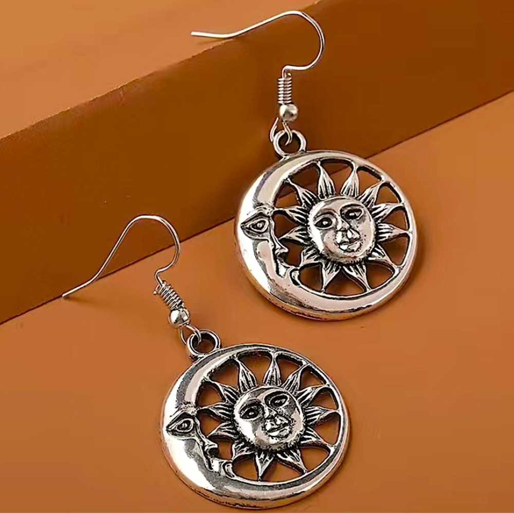 Silver Moon Sun Boho Vintage Fish Hook Dangle Earrings